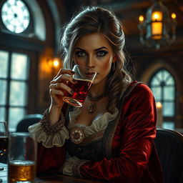 A fifty-year-old female human, exuding timeless allure, elegantly dressed in luxurious medieval attire, seated in a dimly lit tavern