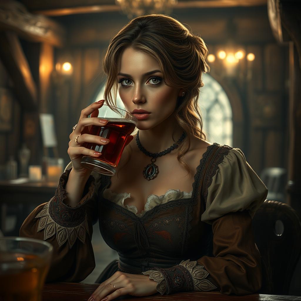 A fifty-year-old female human, exuding timeless allure, elegantly dressed in luxurious medieval attire, seated in a dimly lit tavern