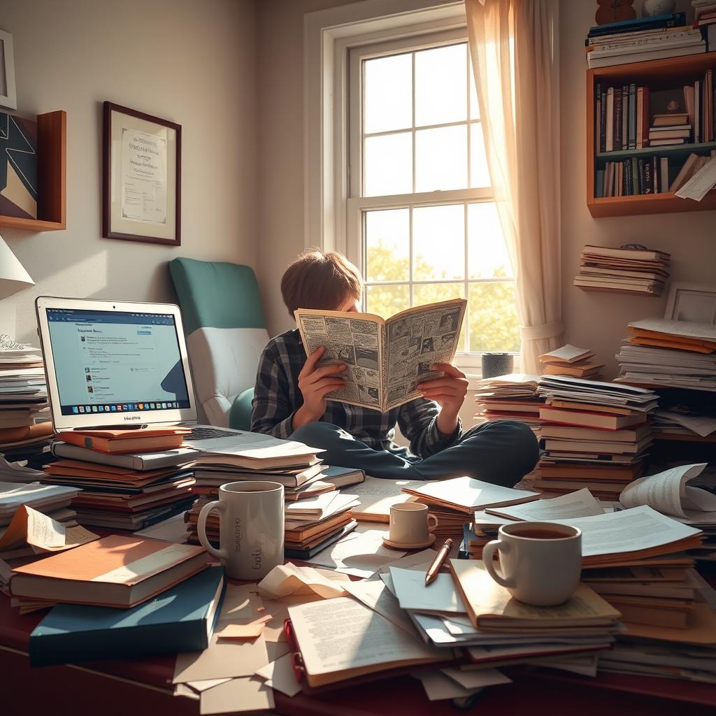 A tired student sitting at a messy desk surrounded by scattered textbooks, crumpled papers, a laptop displaying social media, and an overflowing coffee cup