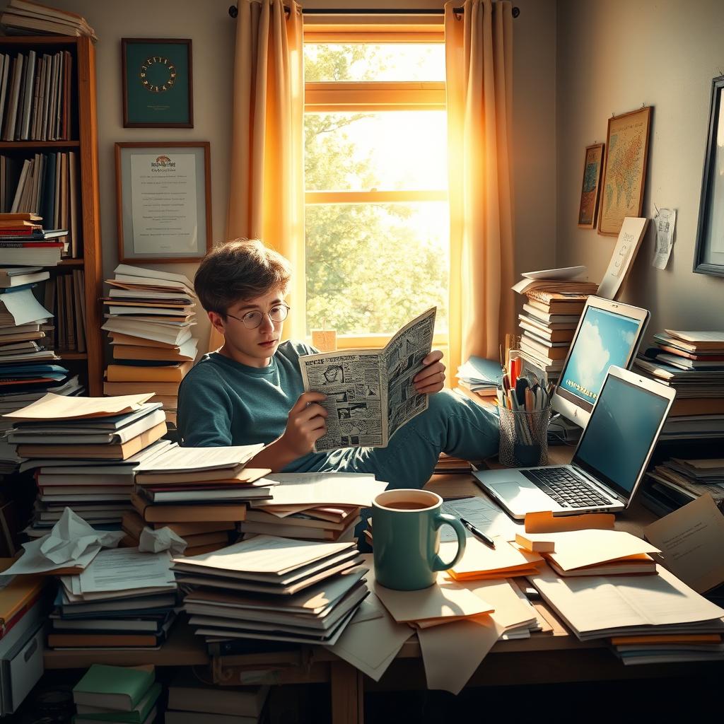 A tired student sitting at a messy desk surrounded by scattered textbooks, crumpled papers, a laptop displaying social media, and an overflowing coffee cup