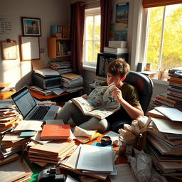 A tired student sitting at a messy desk surrounded by scattered textbooks, crumpled papers, a laptop displaying social media, and an overflowing coffee cup