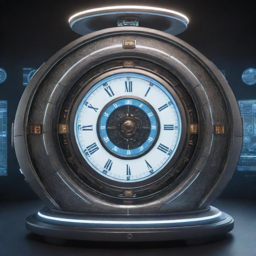 A concept of a futuristic time machine, with sleek, metallic surfaces, glowing lights, intricate control panels and a large clock display showcasing different periods of time.