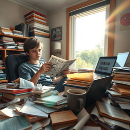 A tired student sitting at a messy desk surrounded by scattered textbooks, crumpled papers, a laptop displaying social media, and an overflowing coffee cup