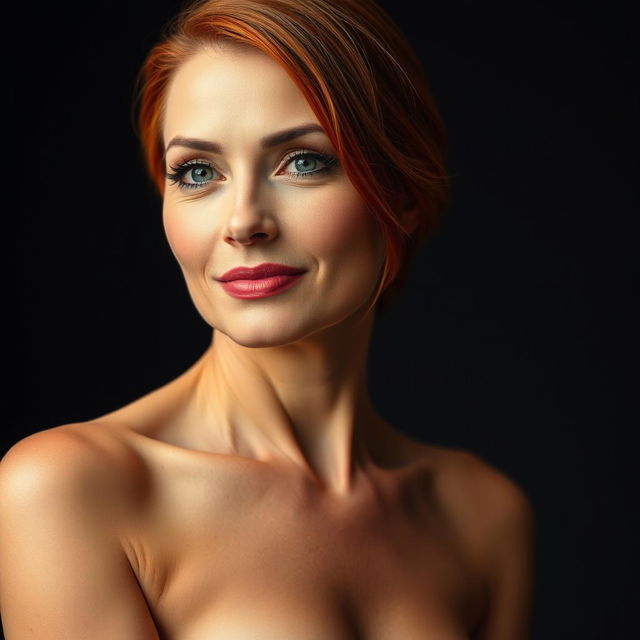 A mature woman with striking red hair, showcasing her natural beauty