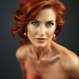 A mature woman with striking red hair, showcasing her natural beauty