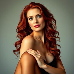 A mature woman with striking red hair, showcasing her natural beauty