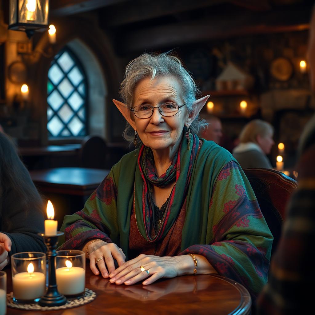 An older woman, cleverly disguised with fake elf ears, sitting in a medieval tavern