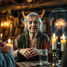 An older woman, cleverly disguised with fake elf ears, sitting in a medieval tavern