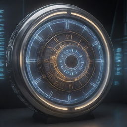 A concept of a futuristic time machine, with sleek, metallic surfaces, glowing lights, intricate control panels and a large clock display showcasing different periods of time.