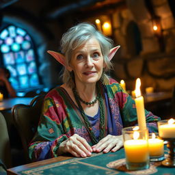 An older woman, cleverly disguised with fake elf ears, sitting in a medieval tavern