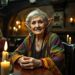 An older woman, cleverly disguised with fake elf ears, sitting in a medieval tavern