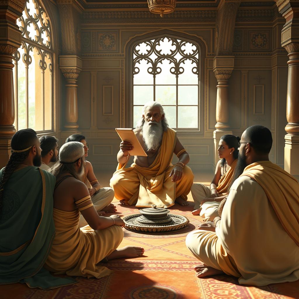 An epic scene from the Mahabharata featuring the Pandavas and the Kurawas learning together under the guidance of the wise and revered teacher Bhagavan Drona