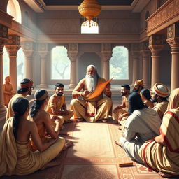 An epic scene from the Mahabharata featuring the Pandavas and the Kurawas learning together under the guidance of the wise and revered teacher Bhagavan Drona