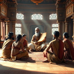 An epic scene from the Mahabharata featuring the Pandavas and the Kurawas learning together under the guidance of the wise and revered teacher Bhagavan Drona