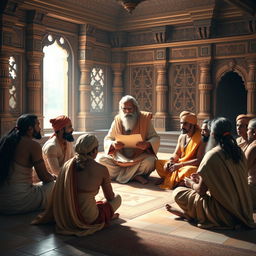 An epic scene from the Mahabharata featuring the Pandavas and the Kurawas learning together under the guidance of the wise and revered teacher Bhagavan Drona