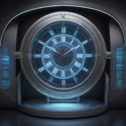 A concept of a futuristic time machine, with sleek, metallic surfaces, glowing lights, intricate control panels and a large clock display showcasing different periods of time.