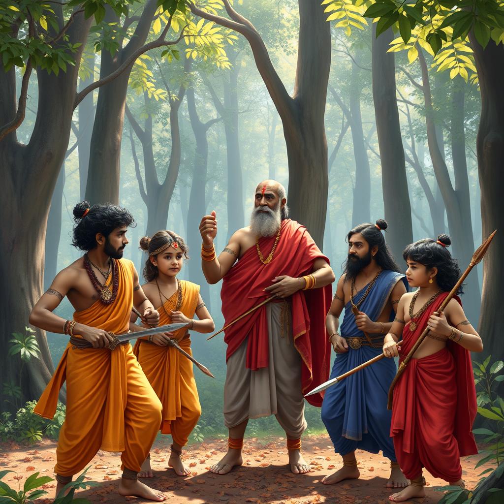 The Pandavas and Kauravas, depicted together as young learners in a vibrant forest setting with their revered teacher, Bhagavan Drona