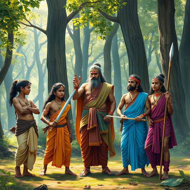 The Pandavas and Kauravas, depicted together as young learners in a vibrant forest setting with their revered teacher, Bhagavan Drona