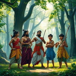 The Pandavas and Kauravas, depicted together as young learners in a vibrant forest setting with their revered teacher, Bhagavan Drona