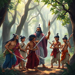 The Pandavas and Kauravas, depicted together as young learners in a vibrant forest setting with their revered teacher, Bhagavan Drona