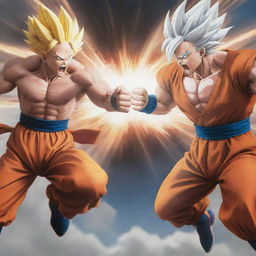 An epic battle scene featuring Goku from Dragon Ball Z and Saitama from One Punch Man. They are engaged in mid-air, with their fists clashing, creating a shockwave around them.