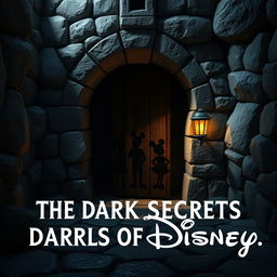 A captivating thumbnail image aiming to reveal the dark secrets of Disney, depicting a hidden underground chamber beneath a whimsical Disney castle