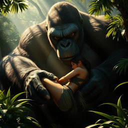 An evocative and dynamic scene where the massive figure of King Kong gently yet securely grasps Lara Croft