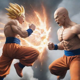 An epic battle scene featuring Goku from Dragon Ball Z and Saitama from One Punch Man. They are engaged in mid-air, with their fists clashing, creating a shockwave around them.