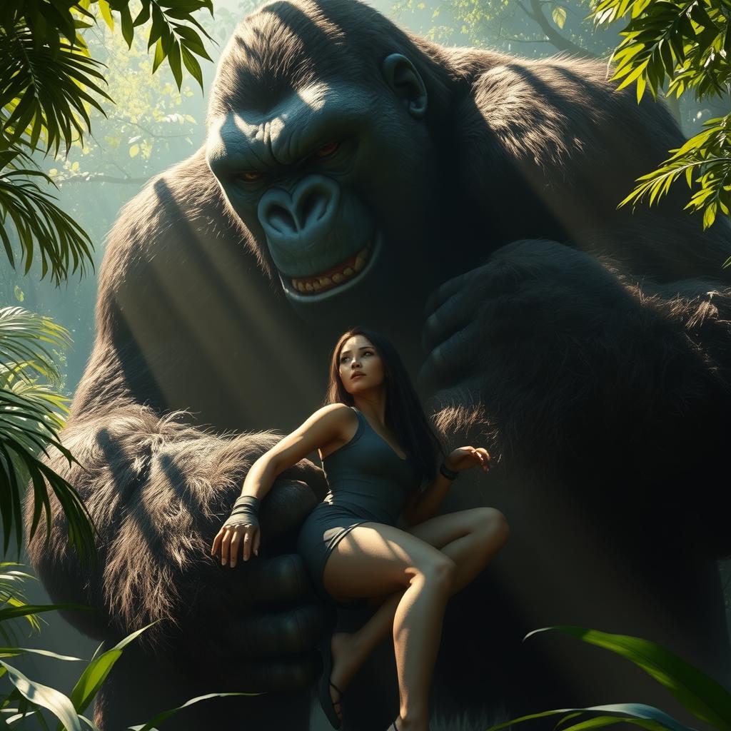 An evocative and dynamic scene where the massive figure of King Kong gently yet securely grasps Lara Croft