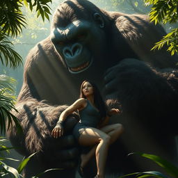 An evocative and dynamic scene where the massive figure of King Kong gently yet securely grasps Lara Croft