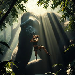 An evocative and dynamic scene where the massive figure of King Kong gently yet securely grasps Lara Croft