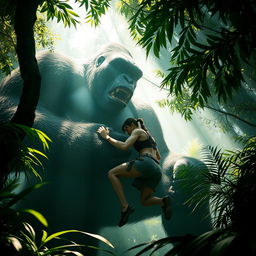 An evocative and dynamic scene where the massive figure of King Kong gently yet securely grasps Lara Croft