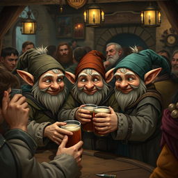 Three mischievous halflings huddle together in a bustling medieval tavern, their eyes twinkling with cunning as they devise a clever scam