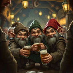 Three mischievous halflings huddle together in a bustling medieval tavern, their eyes twinkling with cunning as they devise a clever scam