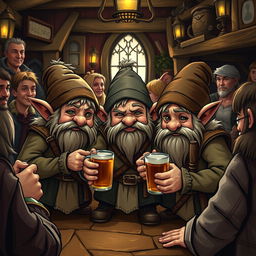 Three mischievous halflings huddle together in a bustling medieval tavern, their eyes twinkling with cunning as they devise a clever scam