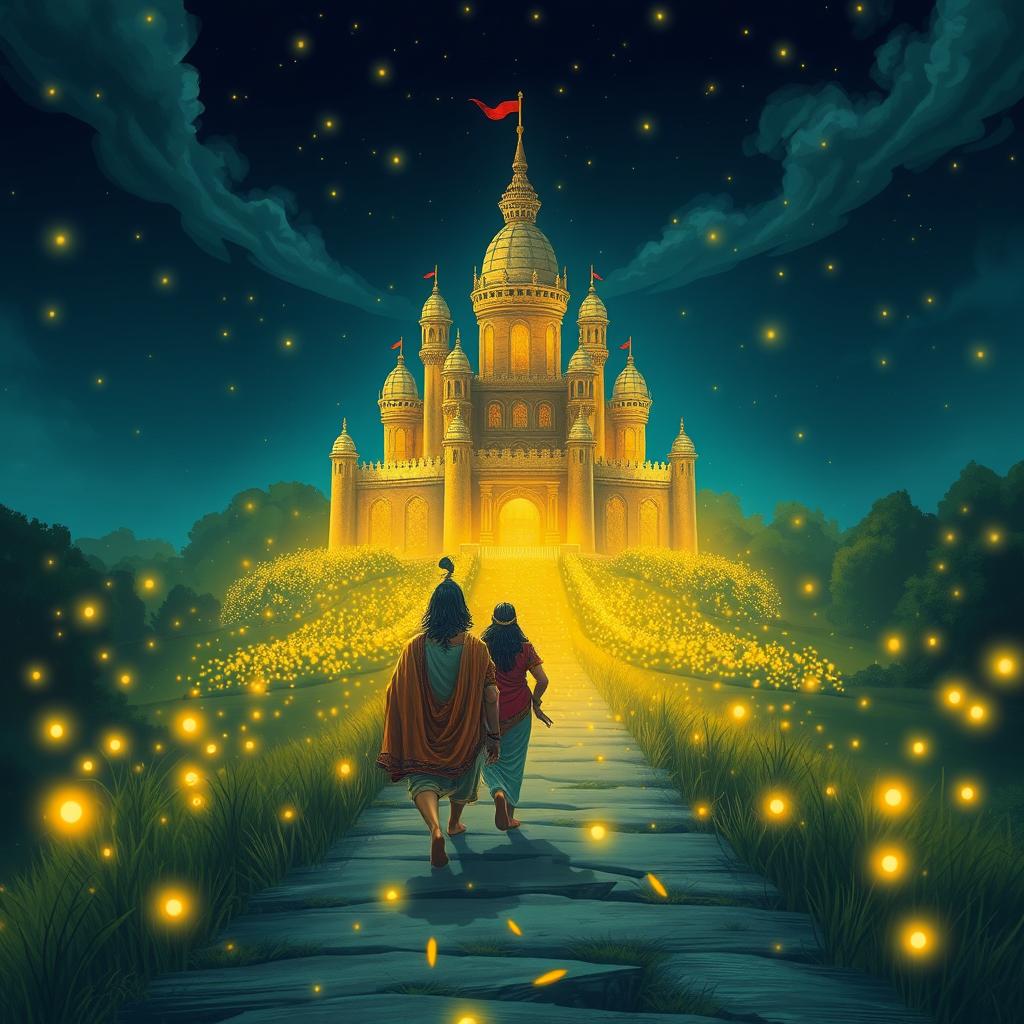 The Pandavas and their mother, Kunti, gracefully approaching a beautiful castle under a serene night sky