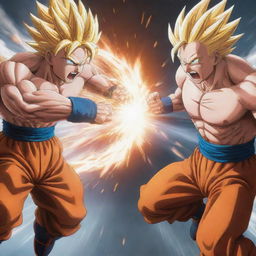 An epic battle scene featuring Goku from Dragon Ball Z and Saitama from One Punch Man. They are engaged in mid-air, with their fists clashing, creating a shockwave around them.