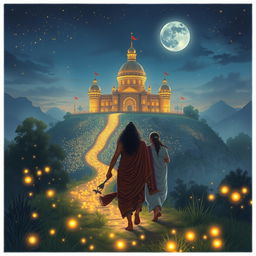 The Pandavas and their mother, Kunti, gracefully approaching a beautiful castle under a serene night sky