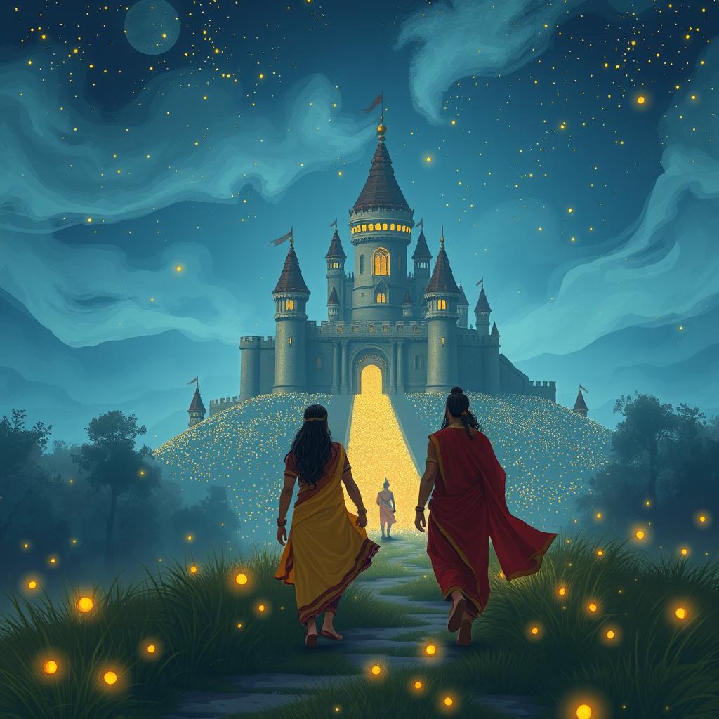 The Pandavas and their mother, Kunti, gracefully approaching a beautiful castle under a serene night sky