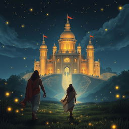 The Pandavas and their mother, Kunti, gracefully approaching a beautiful castle under a serene night sky