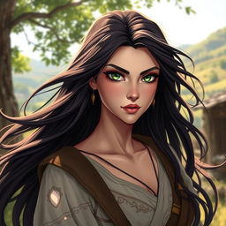 A 33-year-old female folk hero with striking green eyes and flowing dark hair, adorned in traditional attire reflective of her heroic status