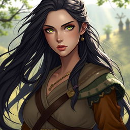 A 33-year-old female folk hero with striking green eyes and flowing dark hair, adorned in traditional attire reflective of her heroic status