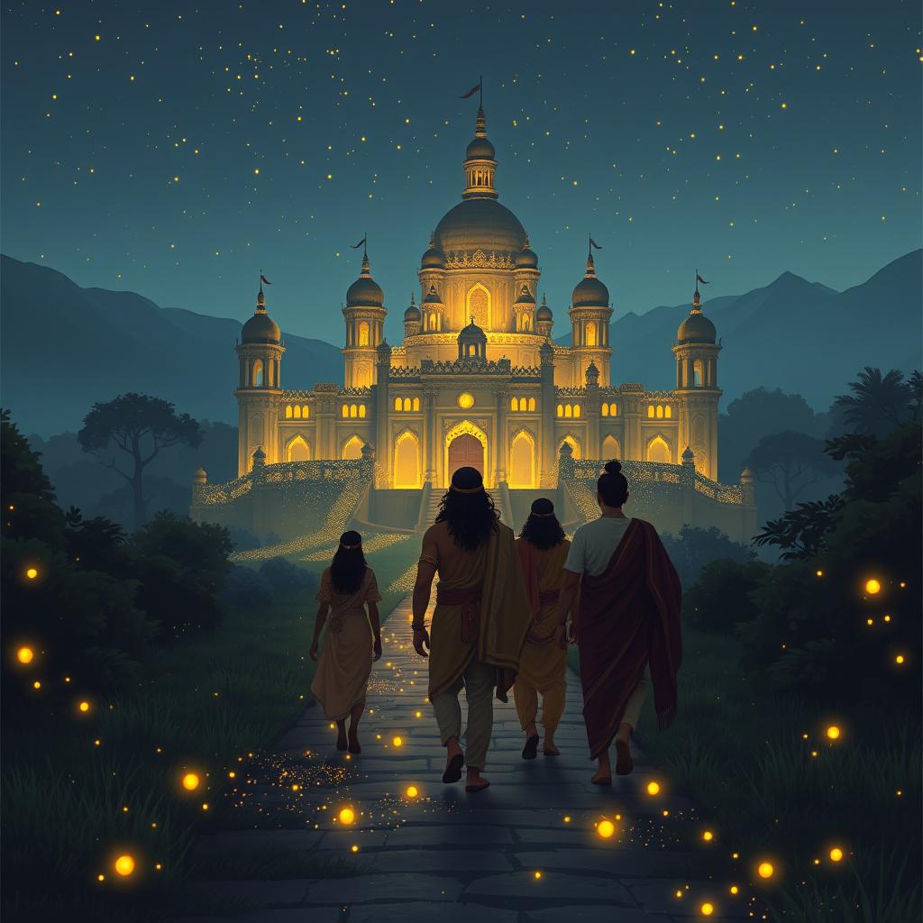 The five Pandavas and their mother, Kunti, gracefully approaching a magnificent castle under the serene night sky