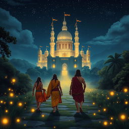 The five Pandavas and their mother, Kunti, gracefully approaching a magnificent castle under the serene night sky