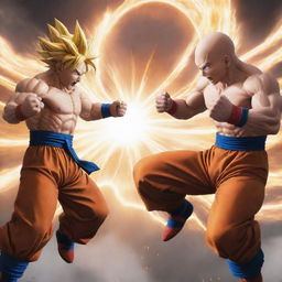 An epic battle scene featuring Goku from Dragon Ball Z and Saitama from One Punch Man. They are engaged in mid-air, with their fists clashing, creating a shockwave around them.