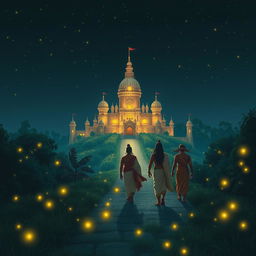 The five Pandavas and their mother, Kunti, gracefully approaching a magnificent castle under the serene night sky