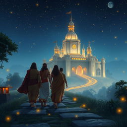 The five Pandavas and their mother, Kunti, gracefully approaching a magnificent castle under the serene night sky