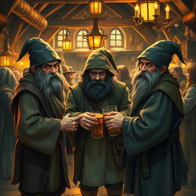 Three cunning hobbits gather in the lively setting of a medieval tavern, their eyes glinting with mischief as they orchestrate an elaborate scam