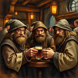 Three cunning hobbits gather in the lively setting of a medieval tavern, their eyes glinting with mischief as they orchestrate an elaborate scam