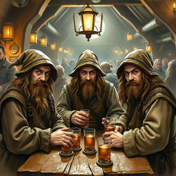 Three cunning hobbits gather in the lively setting of a medieval tavern, their eyes glinting with mischief as they orchestrate an elaborate scam